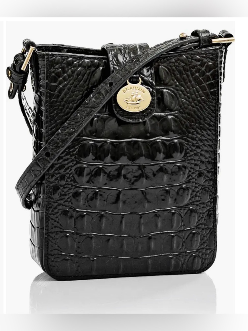 BRAHMIN Marley Croc Embossed Leather Black Melbourne Crossbody Bag